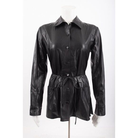 Theory Womans Faux Leather Shirt Jacket Size P Petite Black Lightweight Tie Belt - Picture 1 of 6
